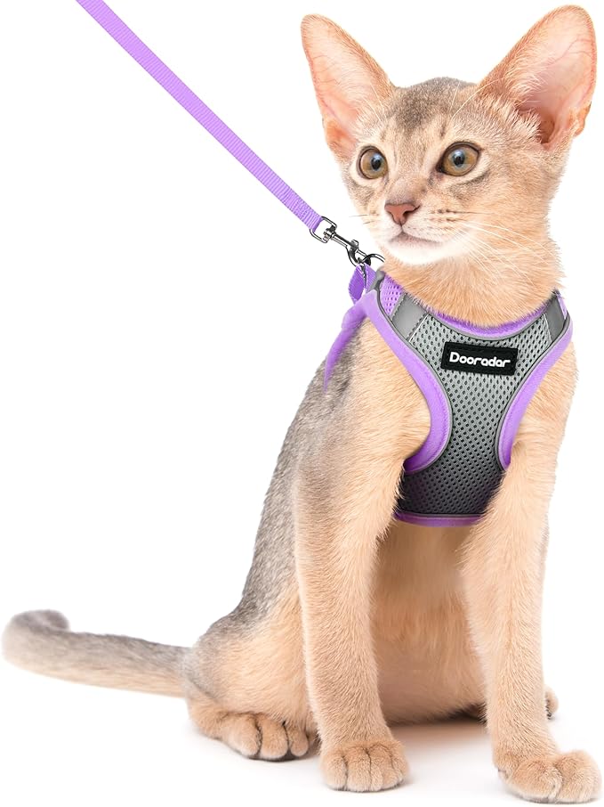Dooradar Cat Harness and Leash Set, Escape Proof Lightweight Kitten Harness, Soft Breathable Reflective Vest for Outdoor Walking Traveling, Adjustable for Medium Cats, Grey & Purple, M