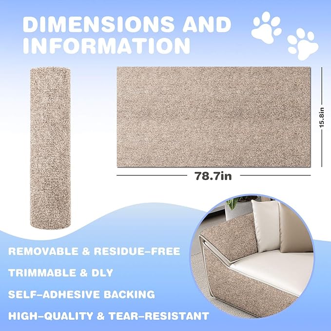 Cat Scratching Mat 78.7"x15.8" Self-Adhesive Cat Furniture Protector, Climbing Cat Scratch Pad for Cat Tree, Sofa, Wall, and Furniture DIY Protection (Beige)
