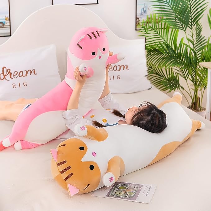 43.2in Plush Cat Soft Kids Plush Toy Pillow Plush Long Cotton Kitten Cuddly Toy Stuffed Animal Toy Gift for Kids Girlfriend(Pink,110cm/43.2in)
