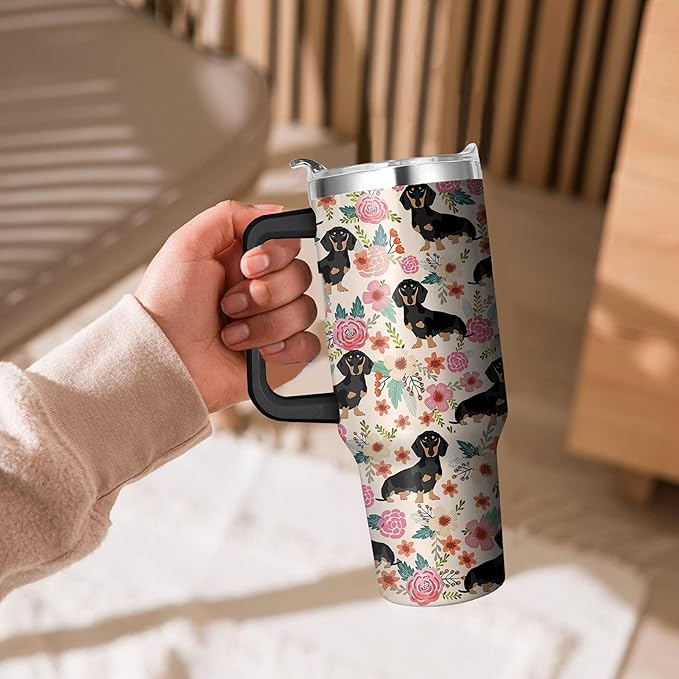 40 Oz Dachshund Tumbler With Handle and Straw, Double Wall Stainless Steel Mug, Coffee Mug for Dog Lovers, Dad or Mom Tumbler, Gifts for Women and Men