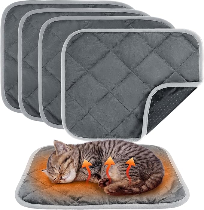 MEWTOGO 4 Pcs Self Warming Cat Bed Mat - 15.7X 19.7in Soft & Warm Self Heating Cat Pad, Washable Pet Bed Mats Reflect Body Heat with Non Slip Bottom for Indoor Cat Gifts