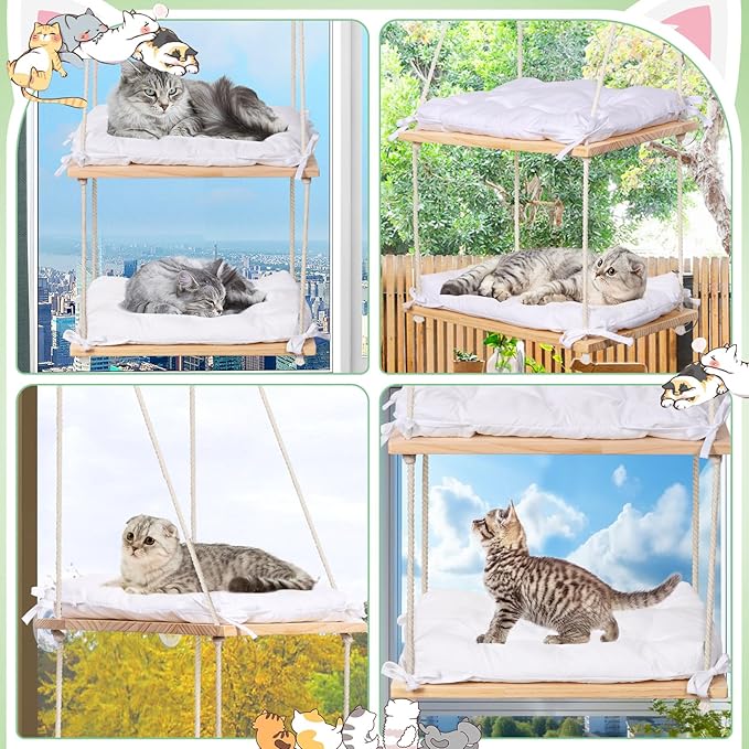 Cat Window Perch - Cat Window Hammock with Cushion Bed - Solid Wood Seat & Strong Suction Cups - Cat Window Bed & Furniture for Indoor - Hanging Window Shelf for Cats and Kittens(2-Layer)