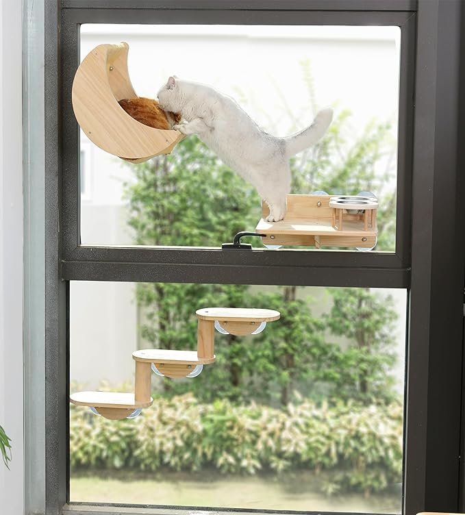 Window Cat Beds for Indoor Cats Perches Moon Shelves Mounted with Strong Suction Cups Cat Window Seat for Sleep and Watch Birds(Stripe)