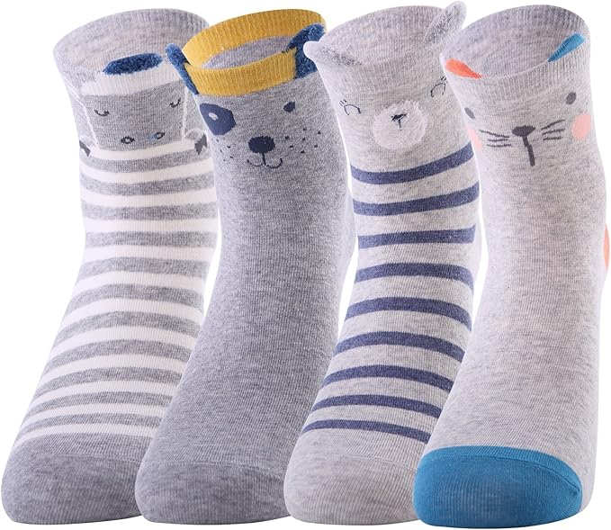4 Pairs Soft Comfortable Novelty Cartoon Aminal Crew Pattern Cotton Socks