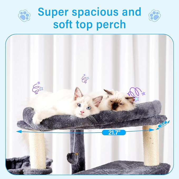 Hey-brother Cat Tree, 70.8 Inches Multi-Level Cat Tree Tower for Large Cats, Heavy Duty Cat Tower with Cat Condo,Baskets, Cat Scratching Posts, Big Hammock and Food Bowls, Smoky Gray MPJ036G