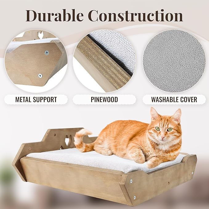 Wall Mounted Cat Bed and Hammock – Padded Cat Shelf for Large Cats – Cat Perch Wall – Cat Shelves for Wall – Floating cat Shelves – Easy Install – Space-Saving Cat Wall System
