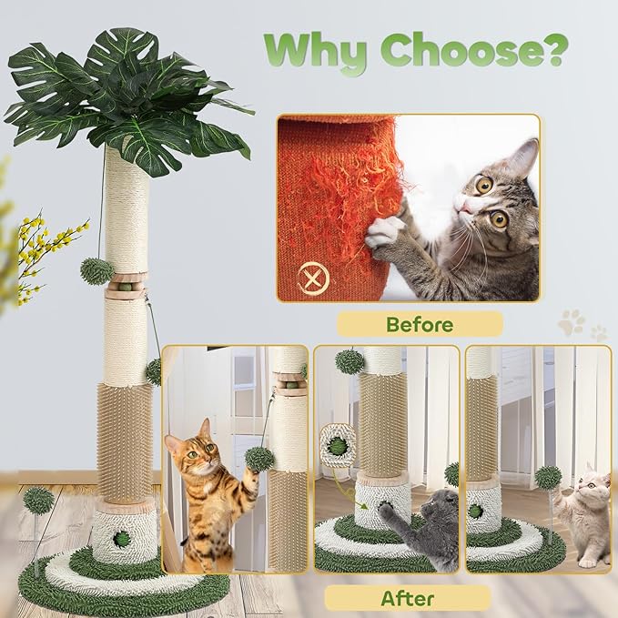 EMUST 40.2" Scratching Posts for Indoor Cats Adults, Cat Scratching Post with Nature Sisal Rope and Interactive Ball, Monstera Cat Scratch Post with Sturdy Base
