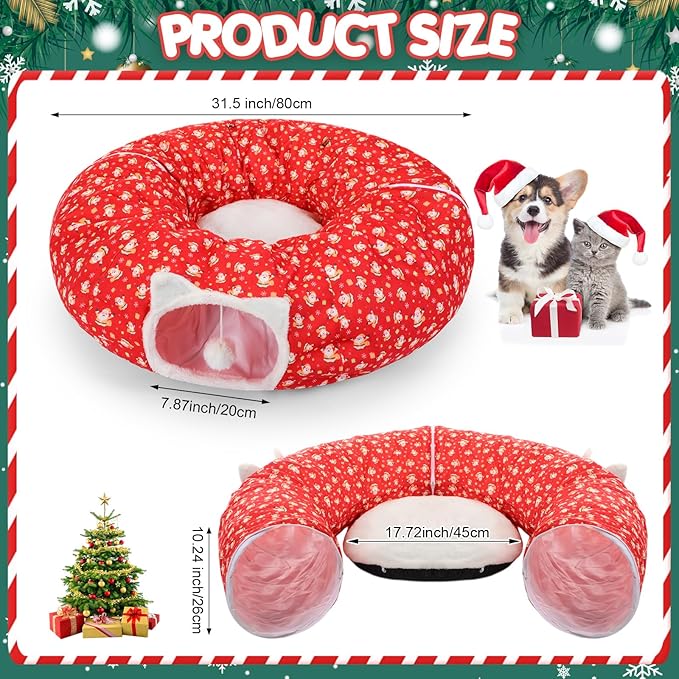 2.62ft x 2.62ft x 10.24in Christmas Cat Tunnel Bed Under Christmas Tree for Indoor Cat, Xmas Red Cute Cat Donut Tunnel with Washable Circle Cushion, Foldable Round Pet Tunnel Toy for Kitten