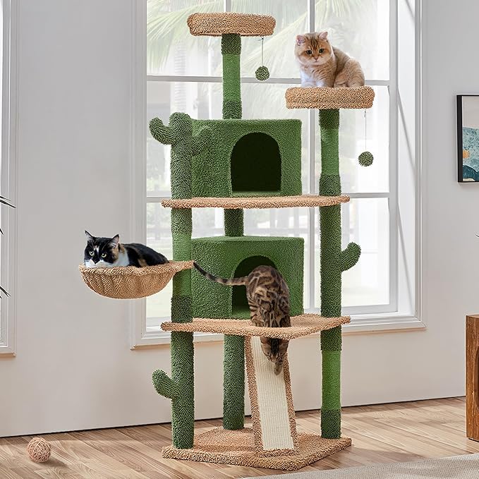 Yaheetech Cactus Cat Tree, 66in Cat Tower for Indoor Cats, Multi-Level Cat Tree with Large Condos & Ramp, Pet Play House with Padded Perch, Platforms, Basket & Hanging Ball, Green/Brown