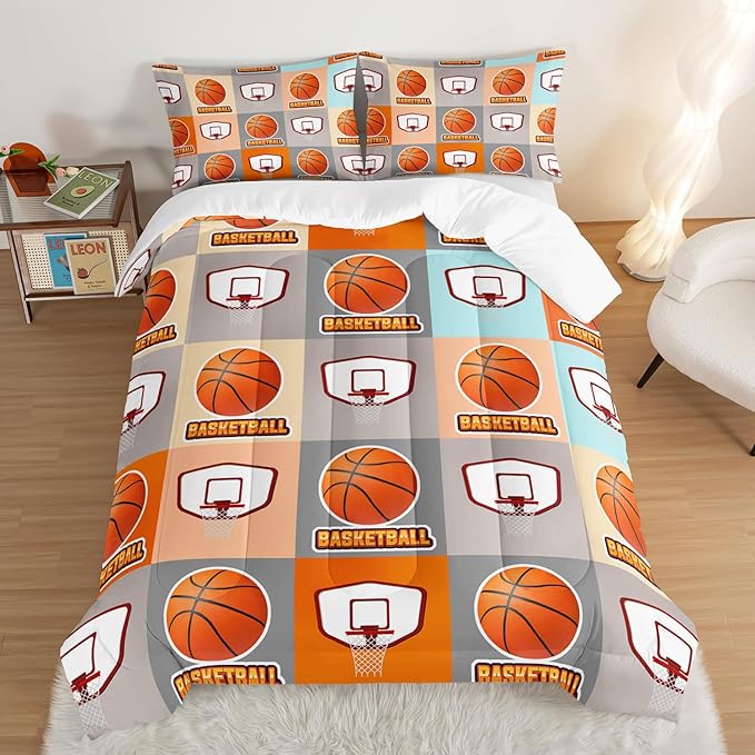 Basketball Bedding Kids Comforter Set Full Size,Sports Style Basketball Printing Bedding Set for Teens Boys Room Decor,Ball Sports Games Comforter Set Soft Kids Bedding with 2 Pillowcases.