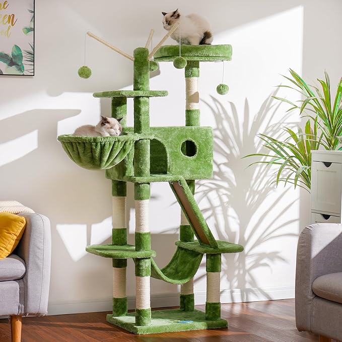 Hey-brother Cat Tree, 61 inch Cat Tower for Indoor Cats, Cat House with Padded Platform Bed, Toy Balls, Large Cozy Condo, Hammocks and Sisal Scratching Posts, Green MPJ019GR