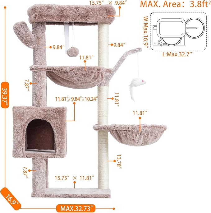 Heybly Cat Tree, 39.4 Inches Tower Condo with Scratching Post, Cat Tower for Indoor Cats, Fully Wrapped Sisal Pole, Soft Platform, 2 Baskets and Dangling Toy, Muchroom HCT006SMU