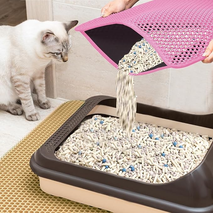 2025 𝗡𝗘𝗪 Waterproof Cat Litter Mat | Double Layer EVA, Odor-Free Large Grid | Urine Proof & Easy Cleanup | Soft on Paws | Versatile Design for Litter and Feeding (Pink, 18×25)
