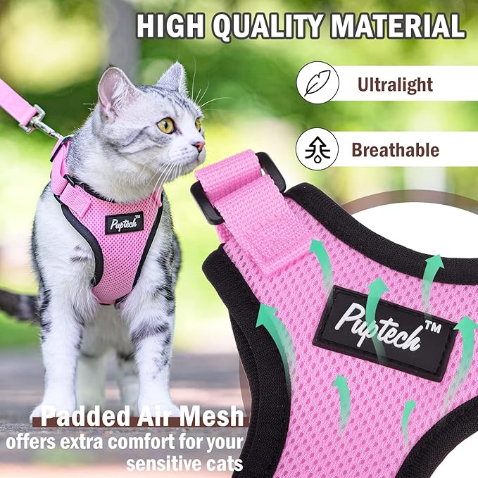 PUPTECK Cat Harness and Leash Set Escape Proof for Walking, Breathable Mash Vest Adjustable Harness for Cats Puppy Small Animals, Reflective at Night, Pink Small