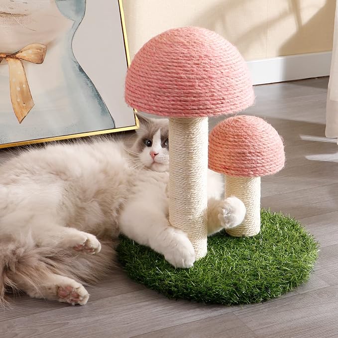 Cat Scratching Post - Mushroom Cat Scratcher Featuring with Natural Sisal Caps Scratch Pole and Sturdy Base for Kittens & Small Cats - Pink