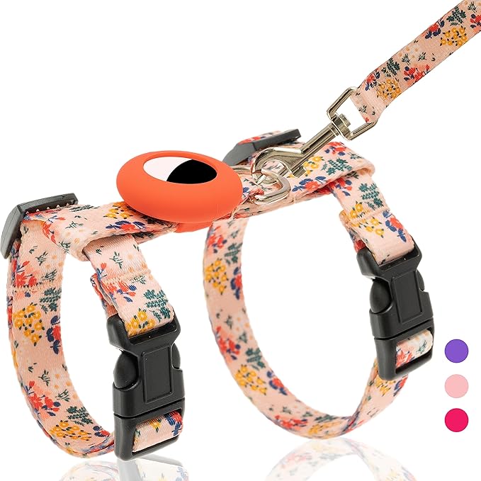 Cat Harness and Leash Escape Proof for Walking Travel Outdoor - Soft Nylon Adjustable Cute Cat Harness Leash Set with Airtag Holder for Small Medium Large Cats