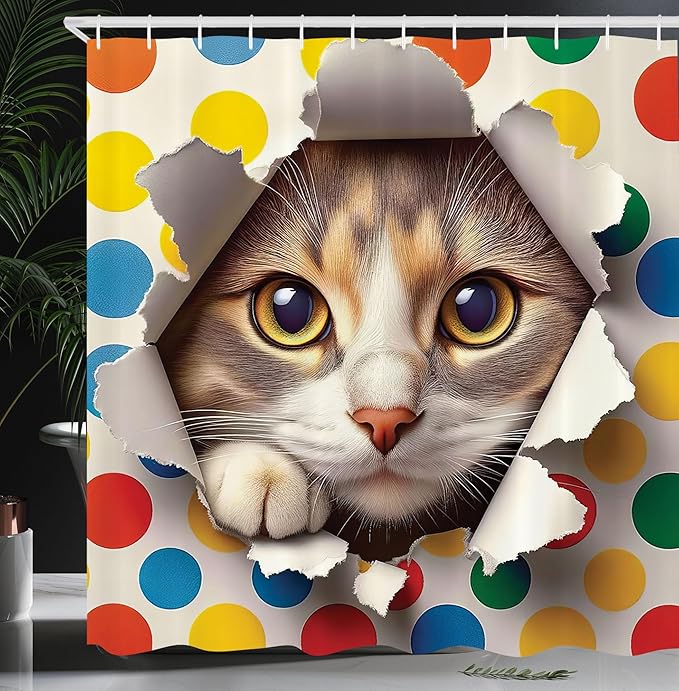 Ambesonne Cat Shower Curtain, Funny and Mischievous Kitty Peaking Through a Torn with Colorful Polka Dots Print, Cloth Fabric Bathroom Decor Set with Hooks, 69" W x 70" L, Multicolor