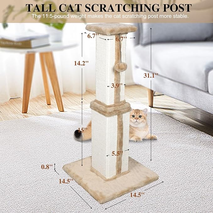 Topmart 31" Tall Cat Scratching Post for Indoor Cats Kittens, Sisal Scratching Post with Hanging Ball, Beige