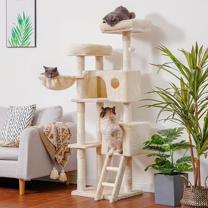 Heybly Cat Tree, Cat Tower for Indoor Cats,Multi-Level Cat Furniture Condo for Large Cats with 2 Padded Plush Perch, Cozy Basket and Scratching Posts HCT023M