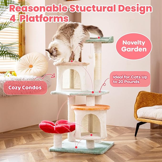 HYABi 42.7in Flower Garden Cat Tree, Cat Tower with Cozy Condo & Scratching Post, Cat Tree Tower with Jumping Platform for Indoor Cats