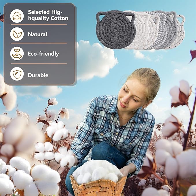 Adorable Cat Decor Drink Coasters: Set of 6 Cotton Coasters for Lovers, Funny and Novelty Office Supplies, Housewarming Gift, Gray