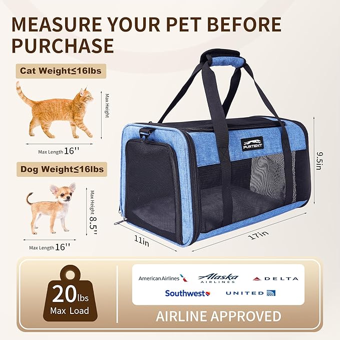Airline Approved Pet Carrier for Cats and Small Dogs - Soft Sided, Foldable, Cat Dog Carrier Fits Pets Up to 18 lbs - Ideal for Travel, Car Rides, and Vet Visits - Dark Blue