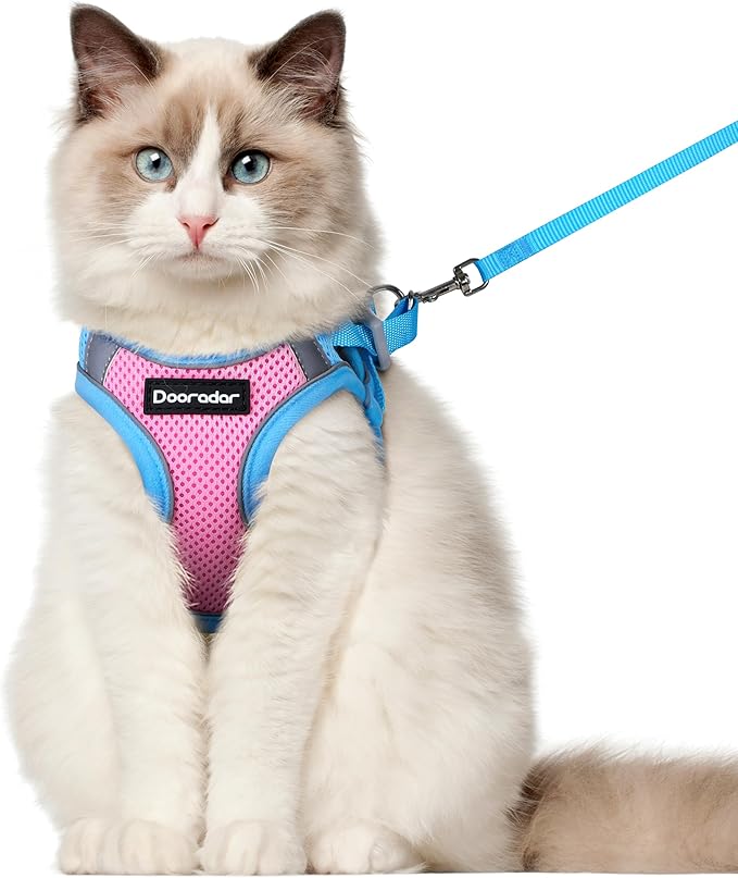 Dooradar Cat Harness and Leash Set, Escape Proof Lightweight Kitten Harness, Soft Breathable Reflective Vest for Outdoor Walking Traveling, Adjustable for Large Cats, Pink & Blue, L