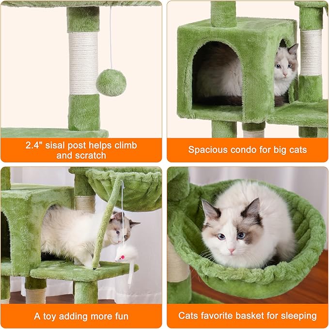 Heybly Cat Tree with Toy, Cat Tower condo for Indoor Cats, Cat House with Padded Plush Perch, Cozy Hammock and Sisal Scratching Posts, Green HCT004SGR