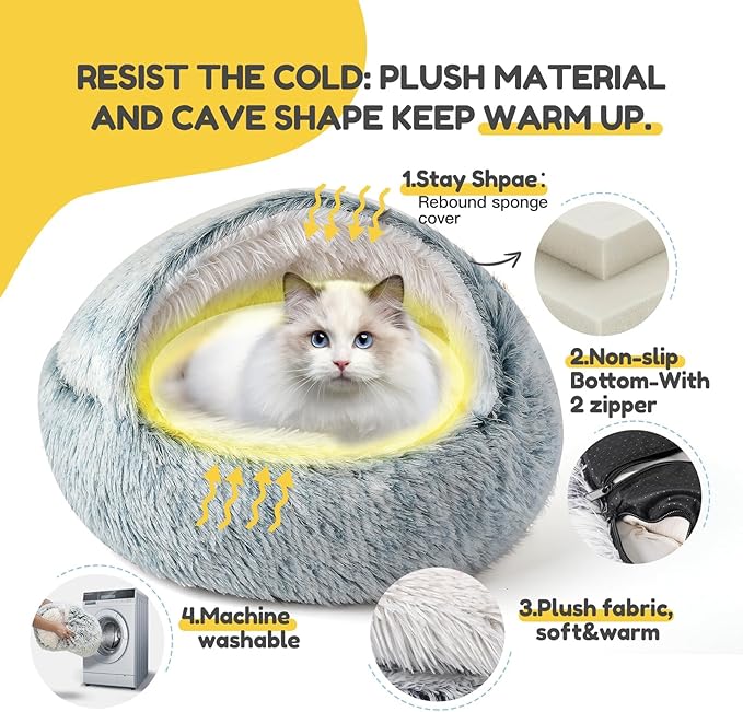 CATISM Cat Bed, Plush Hooded Cat Beds for Indoor Cats, Calming Cat Nest, Self Warming Cat Bed Cave, Cozy Cat Pod for Indoor Cat or Small Dog, Removable Washable Cat Cove with Non-Slip Bottom