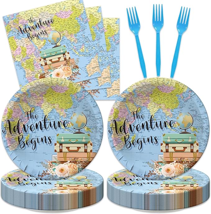 48Pcs Adventure Awaits Party Decorations, Travel Themed Party Decorations Include Disposable Forks Paper Plates and Napkins Supplies for Globe Birthday Baby Shower Graduation Decorations