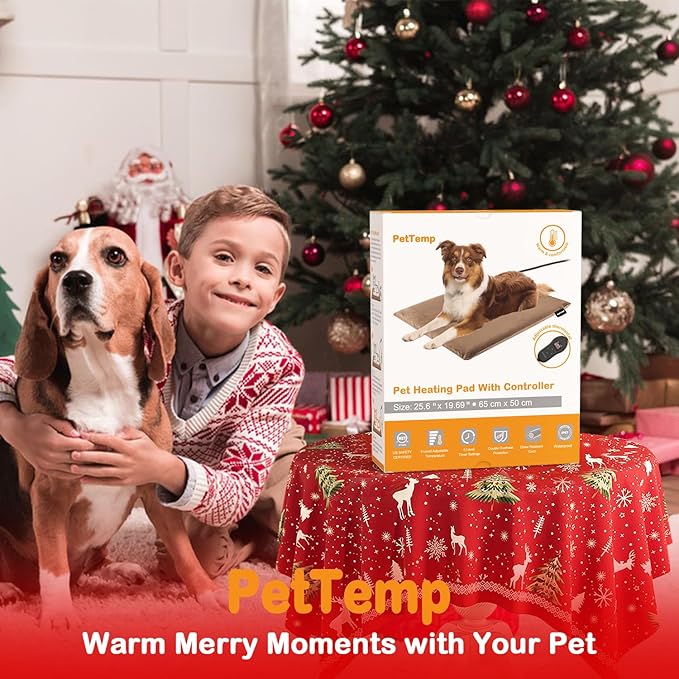 Upgraded Pet Heating Pad, 5 Adjustable Temperature & Timer, Electric Heated Dog Cat Bed for Winter, Auto Power-Off, Waterproof Chew-Resistant (L:26'' x 20'')
