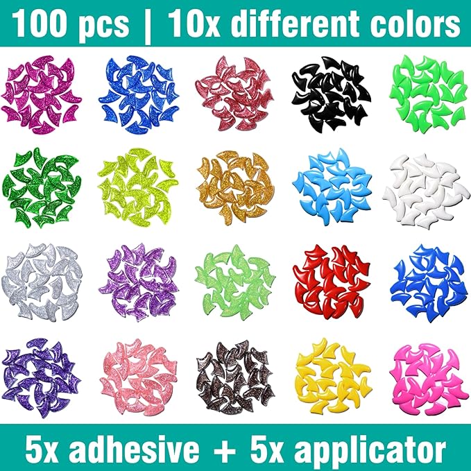 10x Colors / 100 pcs Cat Nail Caps | Cat Claw Covers with Adhesives and Applicators | Alpha (XS)