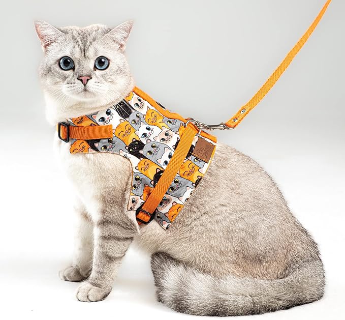 Cat Harness and Leash Set, Cats Escape Proof - Adjustable Kitten Harness for Large/Medium/Small Cats, Walking Travel Petsafe Harness (Orange Cat Pattern, Extra Small)