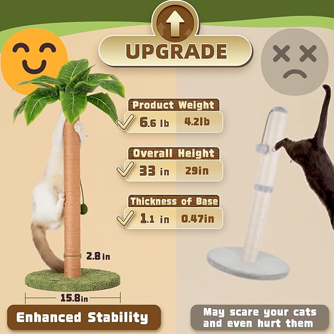 Cat Scratching Post Cat Scratcher 33 inch Tall Scratching Post with Sisal Rope for Indoor Cats Large Cat Scratching Post sisal cat Scratcher Cute for Kitten Scratching Post Green