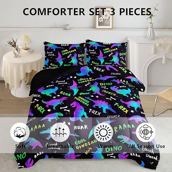Axolotl Cartoon Dinosaur Bedding Set,Twin Size Kids Bed Set,Gradient Dinosaur Comforter Set,1 Quilt with 2 Pillowcases for Boys Girls Kids Teens Children Adults Room Decor All Season,Black