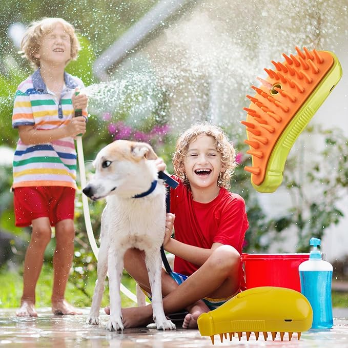 3in1 Cat Steam Brush,Multifunctional Rechargeable Cute Steamy Pet Brush for Short Or Long Hair Cats/Dogs To Massage/Clean/Eliminate Flying&Tangled Hair With USB Cable-Green Banana