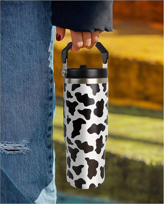 30oz Cow Print Tumbler with Handle and Straw, Stainless Steel Vacuum Insulated Coffee Tumbler, Travel Mug Water Bottle, Cow Stuff Accessories Decor, Cow Gifts for Women
