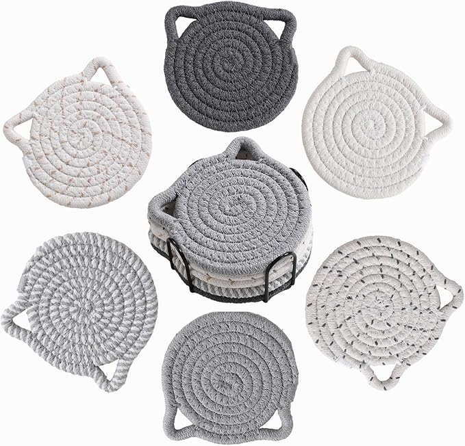 Adorable Cat Decor Drink Coasters: Set of 6 Cotton Coasters for Lovers, Funny and Novelty Office Supplies, Housewarming Gift, Gray