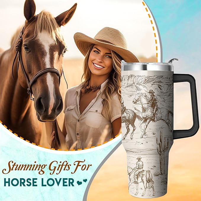 40 Oz Western Tumbler with Handle and Straw, Double Wall Stainless Steel Horse Mugs for Horse Lovers, Horse Gifts for Women Insulated Horse Cups, 40 Oz Horse Coffee Cup Gifts for Horse Lovers Women