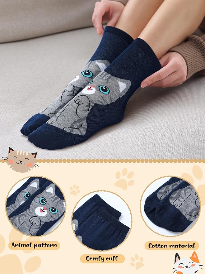 5 Pairs Women Cat Socks Cute Animal Pattern Socks for Women Funny Kitty Ankle Sock Ladies Soft Cotton Gift Socks
