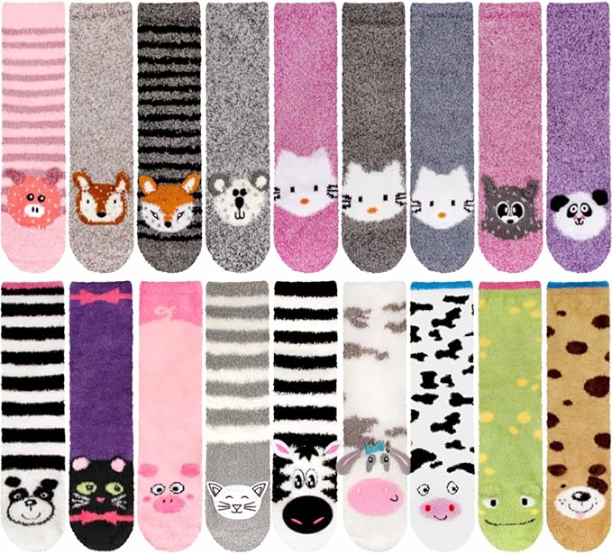 BambooMN Super Soft Warm Cute Animal Face Non-Slip Fuzzy Crew Winter Home Socks, Value Pack