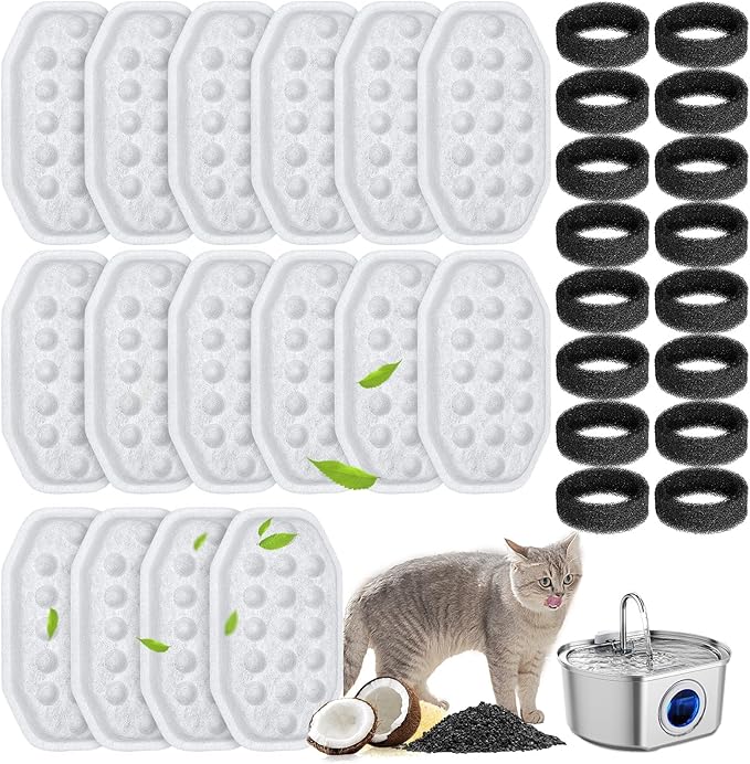 32 Pcs Cat Water Fountain Filters Replacement & Pre-Filter Sponges for 108oz/3.2 Stainless Steel Pet Water Fountain with Water Level Window