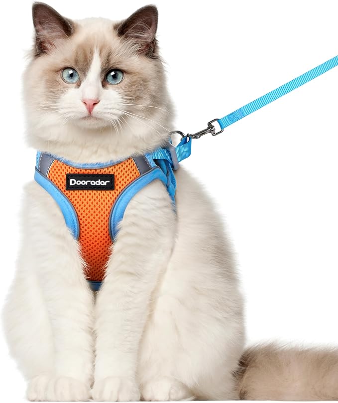 Dooradar Cat Harness and Leash Set, Escape Proof Lightweight Kitten Harness, Soft Breathable Reflective Vest for Outdoor Walking Traveling, Adjustable for Large Cats, Orange & Blue, L