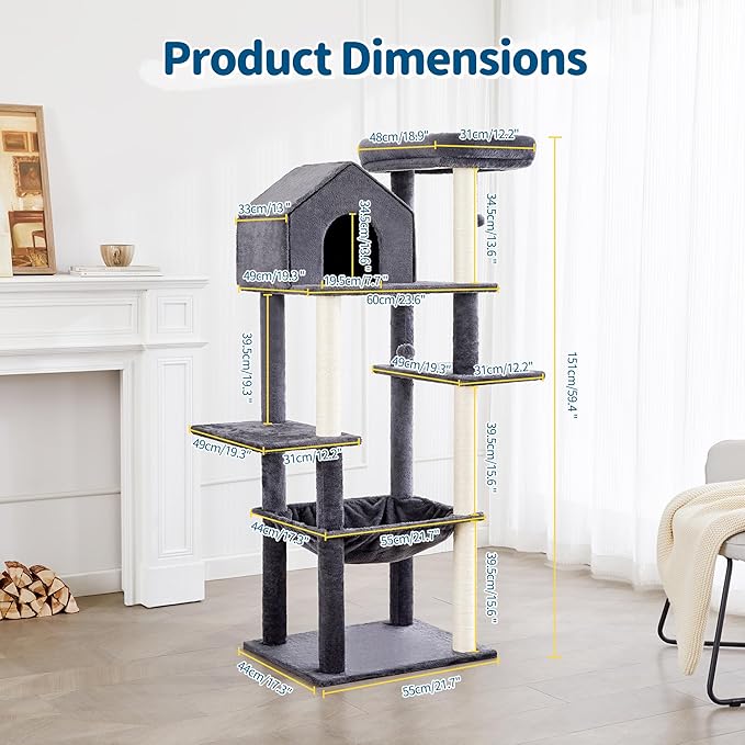 Made4Pets 60 inch Cat Tower for Indoor Cats, Multi-Level Cat Tree with Plush Hammock, Cozy Cat House, Scratching Posts, Top Perch, and 2 Hanging Balls