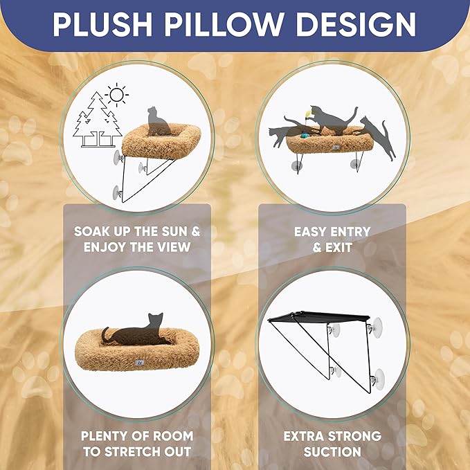 HIPCAT Cat Window Perch with Free Cat Toy - Cat Bed - Comfy Cat Hammock - Cat Shelf - Extra Strong Suction with Cordless Sturdy Metal Frame - Holds Medium & Large Cats - (Beige)