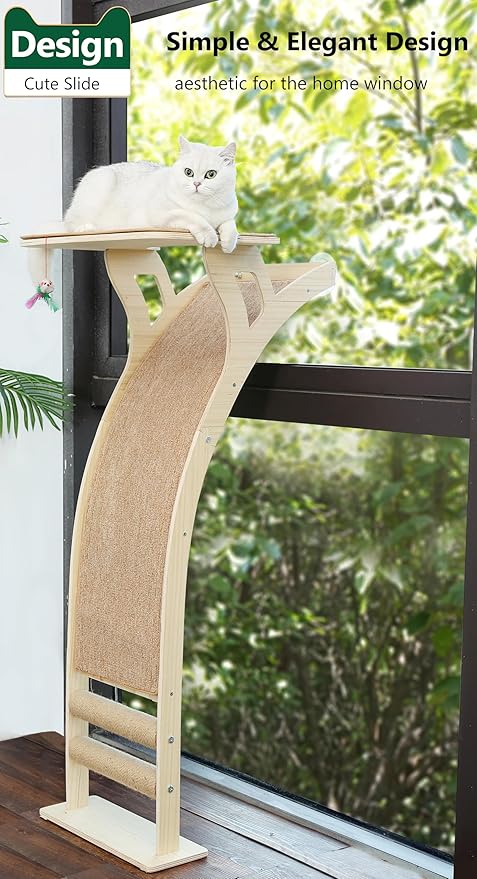 Cat Window Perch with Scratcher Ramp, 48" Climbing Tree Suctions Cups to Window Maximum Hold Up to 45lb, Wood Window Shelf for Small Medium Indoor Cats