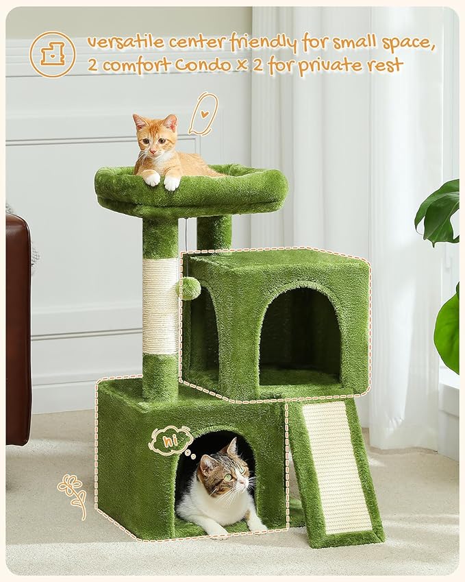 PAWZ Road Cat Tree, 30 Inches Cat Tower with Dual Condos for Indoor Cats, Plush Cat House with Padded Perch, Scratching Ramp and Posts and Replaceable Balls-Green
