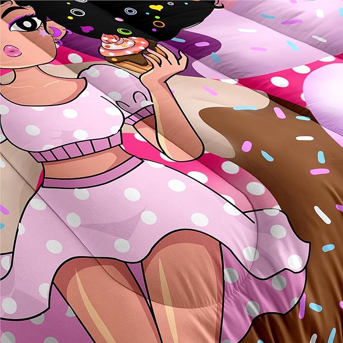 African American Girls Comforter Set Twin - Black Girl Comforter Set - Kids Comforter Sets for Girls Bedroom Decor Pink Donut Girl Pattern Prints 2 Piece Quilt Set with 1 Pillowcase