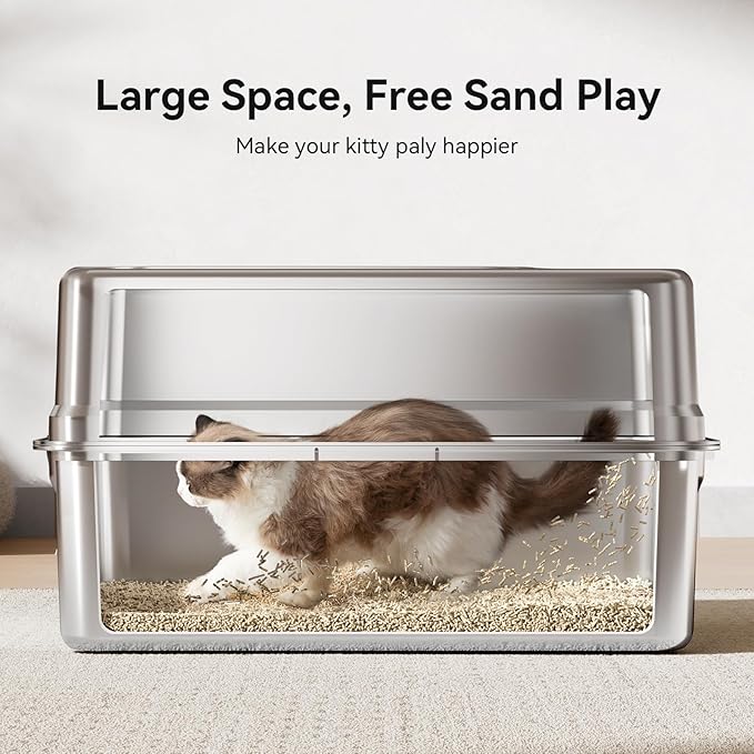 All-Metal Extra Large 28" x 20" Litter Box Pan for Big Cats Maine Ragdoll Metal Large Enclosed Stainless Steel Litterbox with Metal Lid + Litter Scoop, Non-Sticky, Anti-Leakage, Easy Cleaning