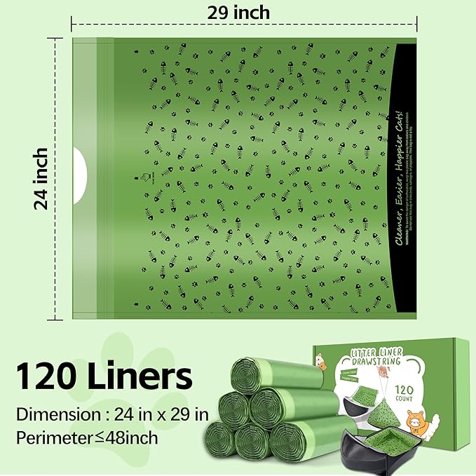120 Count Drawstring Cat Litter Waste Bags Fit for Most Automatic Self-Cleaning Box, Durable Pet Kitty Drawer Liners Replacement Compatible with Litter-Robot 4 and 3, 24'' W x 29'' H